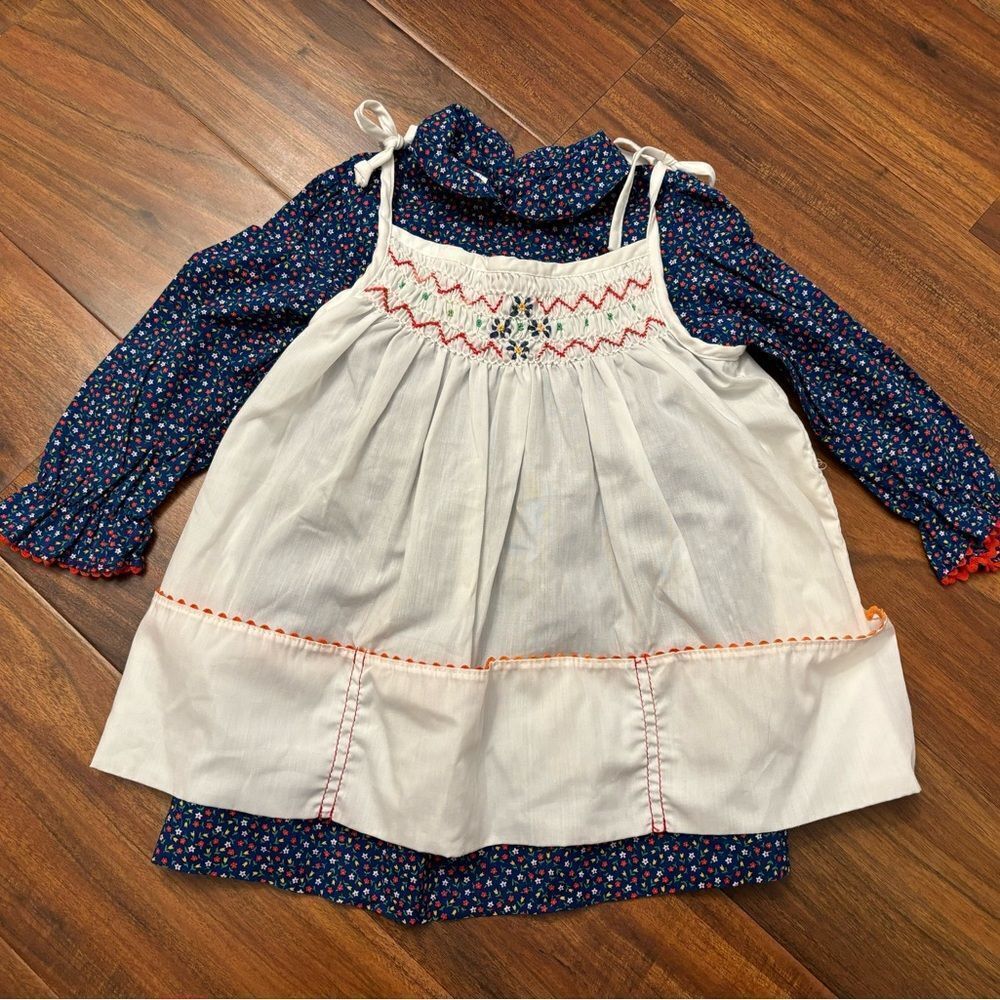 Polly Flinders vintage hand smocked blue floral white tank dress layered